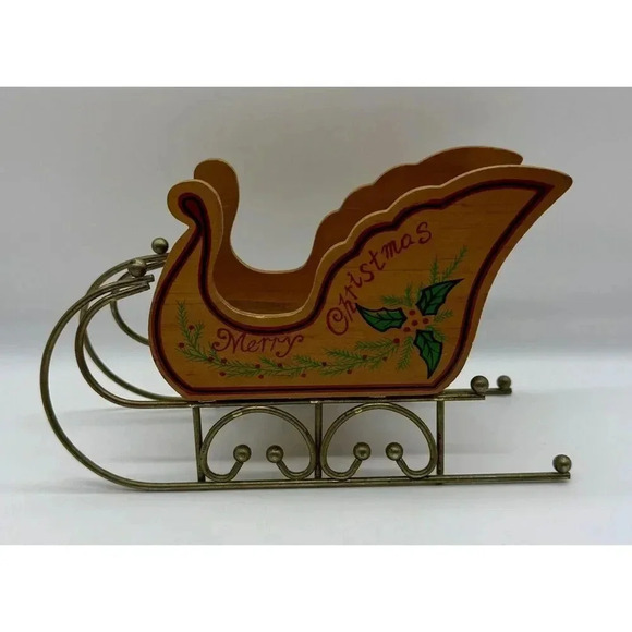Wood Sleigh Holly Leaves Merry Christmas Vintage 1988 Summit Collection See Note - Picture 1 of 9